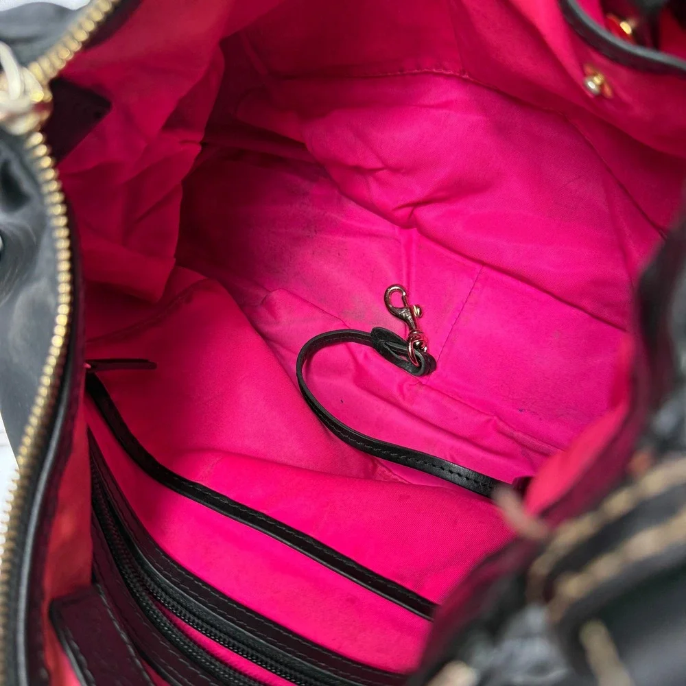 DOONEY & BOURKE Black Nylon Hobo Shoulder Bag Leather trim pink lining READ‎
